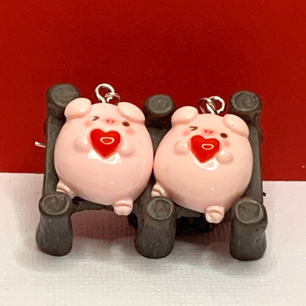 Pig Earring, Gift Idea, Silly Animal Earring, Heart Earring, Valentine's Day